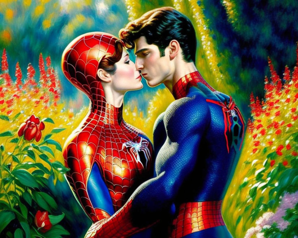 Superhero and woman kissing in lush garden costumes