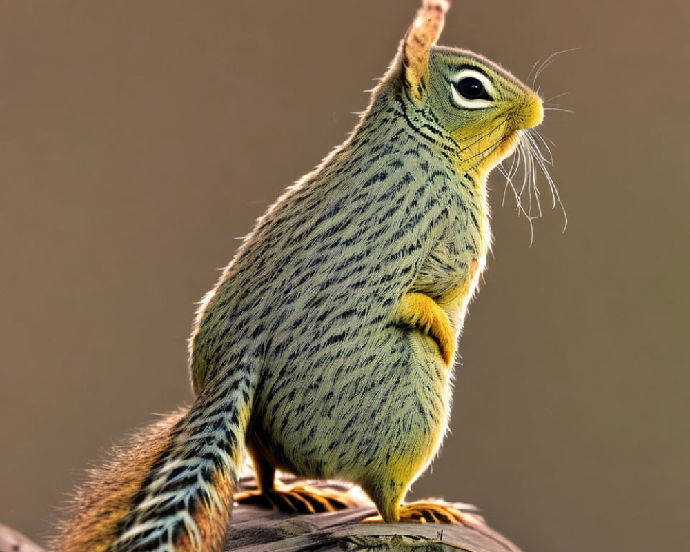 Striped chipmunk with bushy tail on rounded surface against soft-focus background