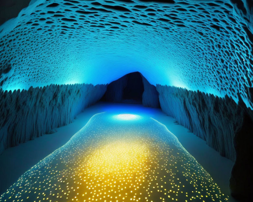 Blue Ceiling and Starry Floor in Illuminated Ice Cave