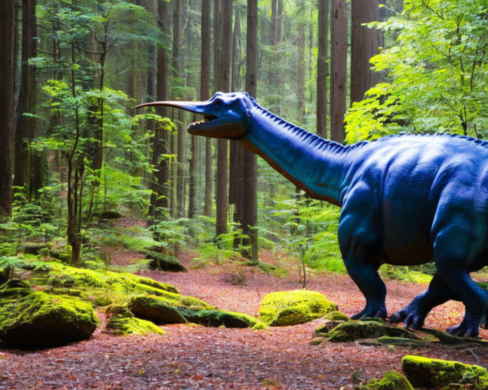 Life-sized Blue Dinosaur Model in Lush Green Forest