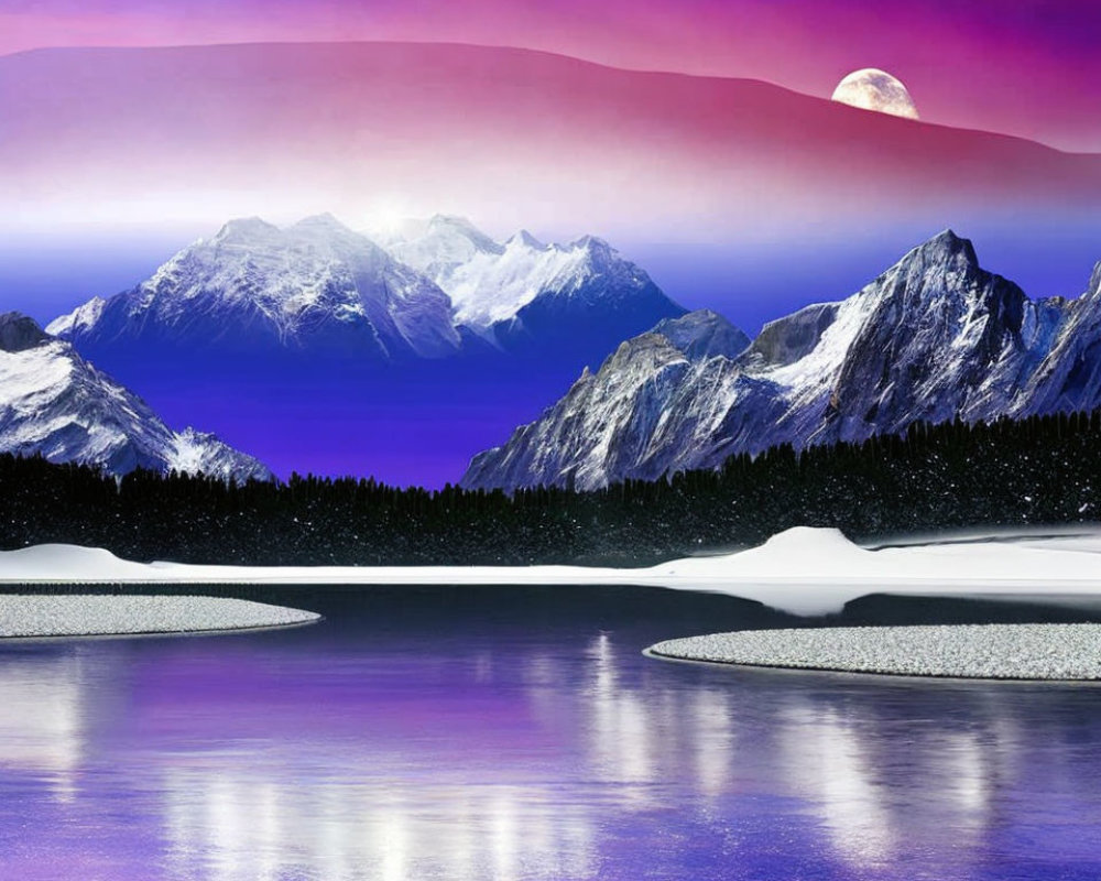 Snow-capped mountains under a purple sky with two moons reflecting on icy water