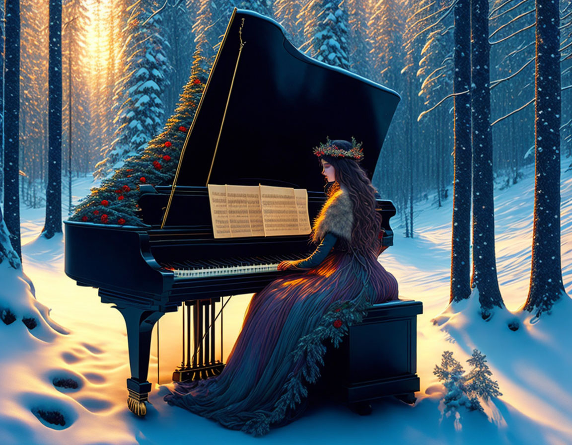 Woman in feathered gown plays grand piano in snowy forest at twilight