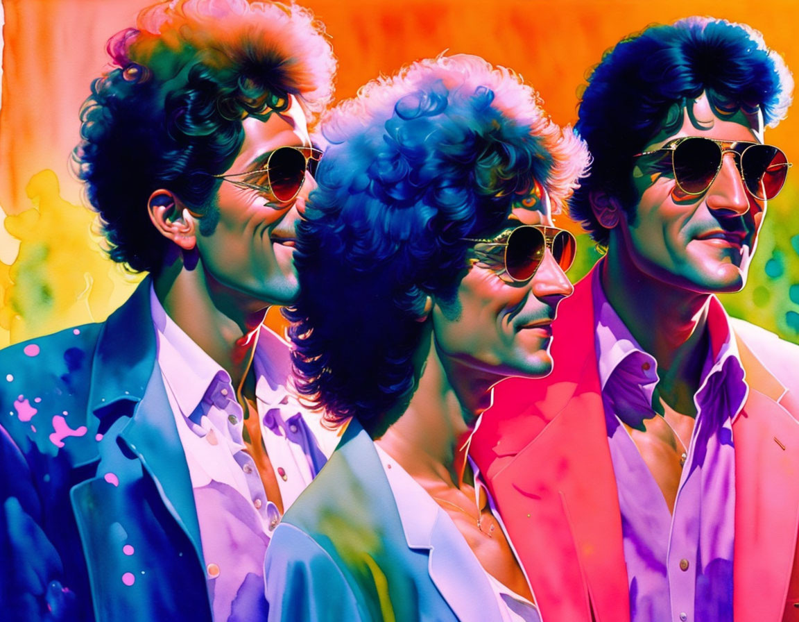 Three Men in Aviator Sunglasses in Vibrant Pop Art Style