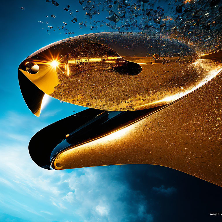 Golden sculpture reflecting blue sky and sun with water droplets.