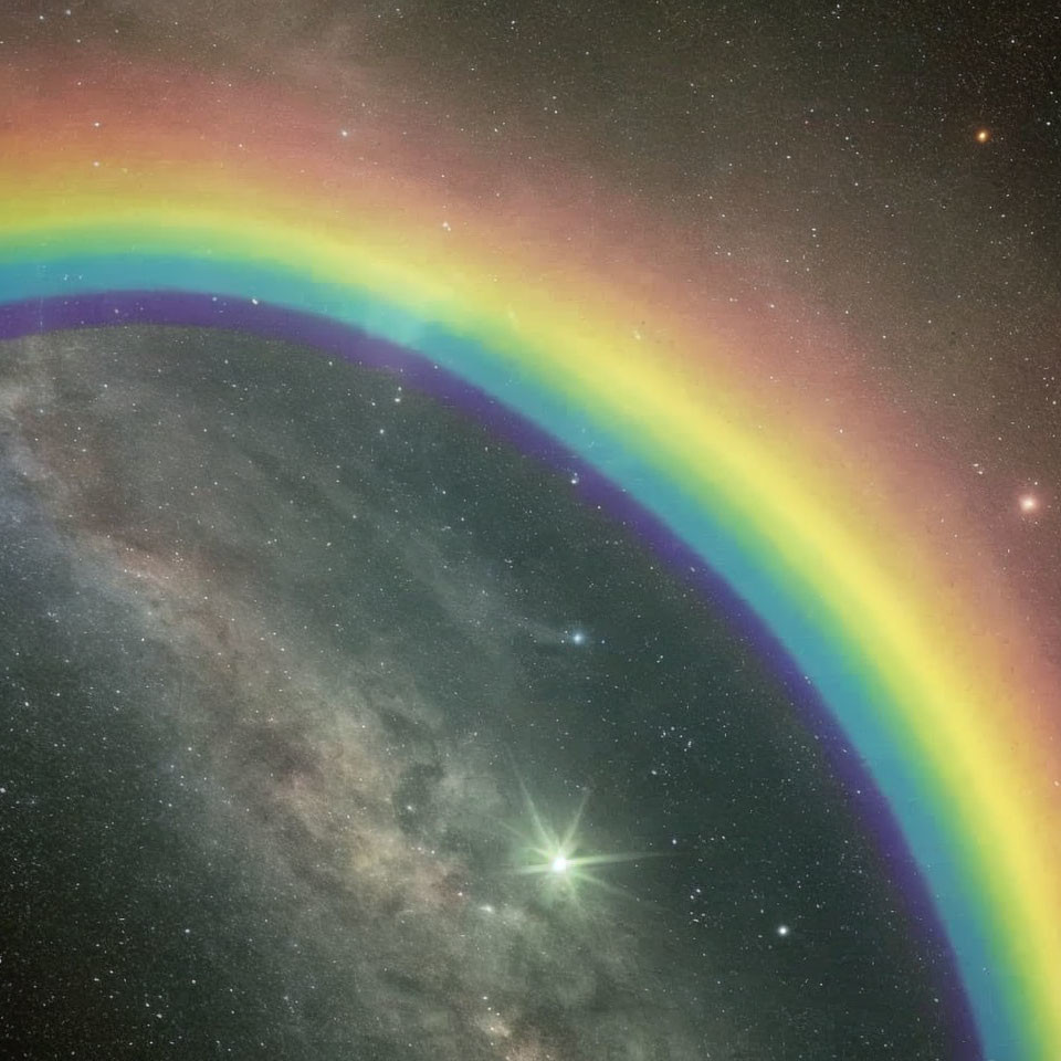 Colorful rainbow arc over starry night sky with bright celestial body