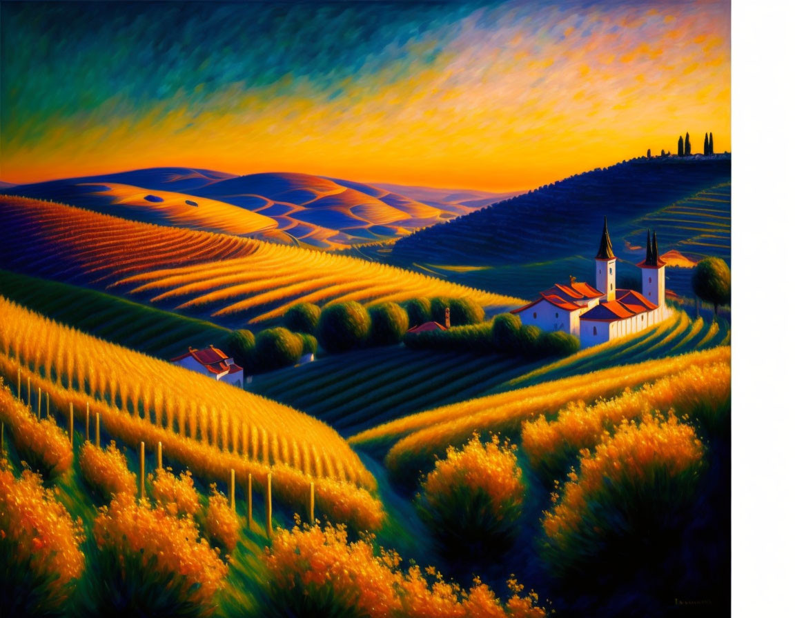 Scenic painting of golden fields and village under sunset sky