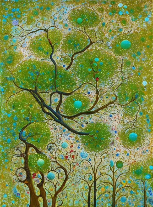 Whimsical painting of stylized trees and colorful bubbles