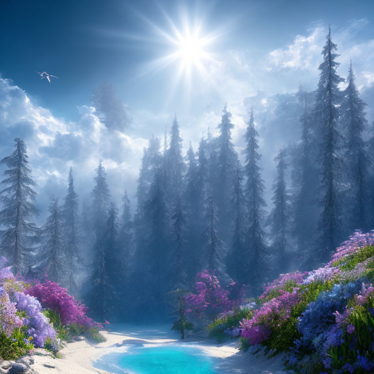 Tranquil forest landscape with pine trees, blue sky, sun rays, wildflowers, and turquoise