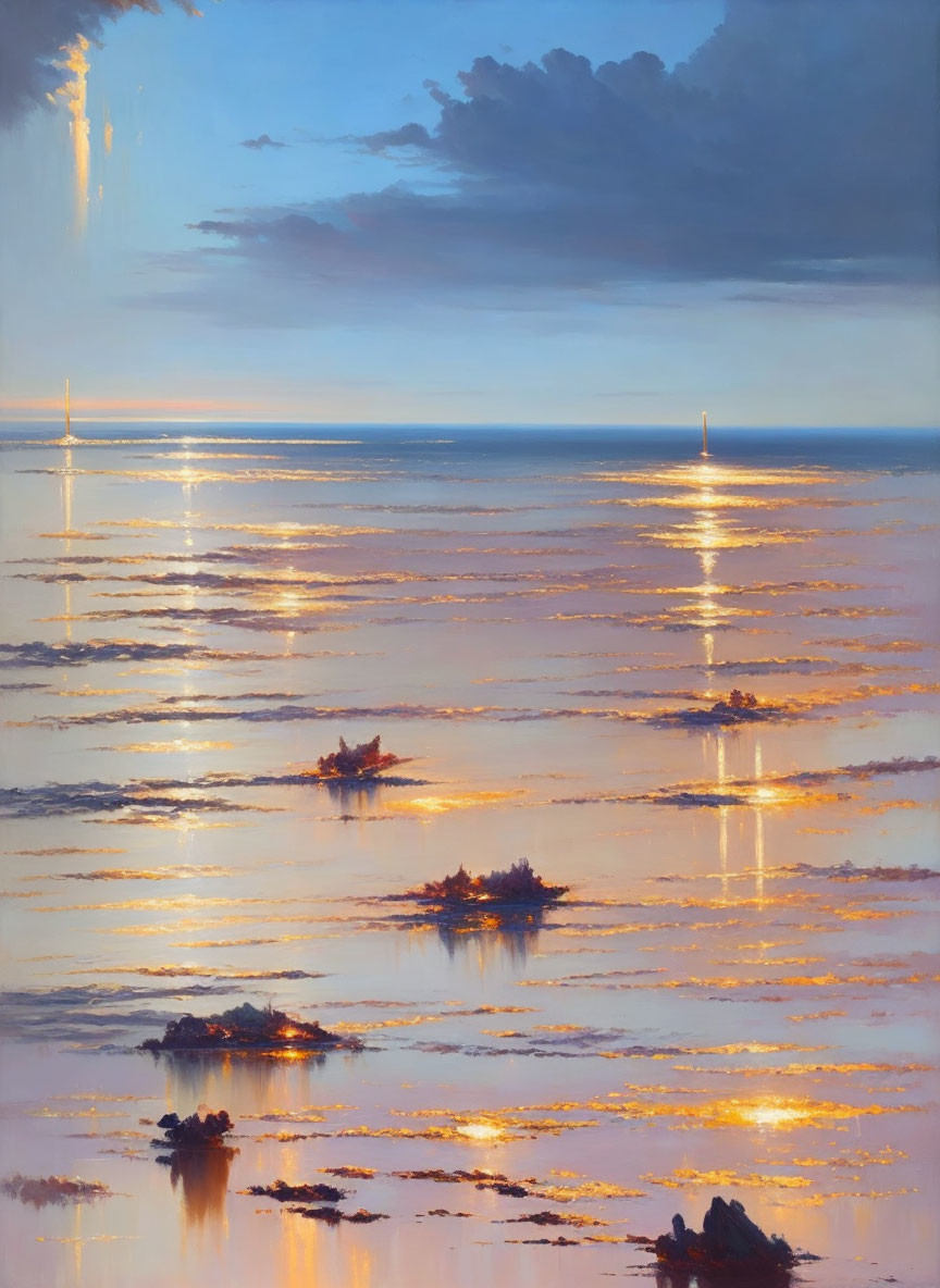 Tranquil seascape with golden sunlight, distant lighthouse, and small boats