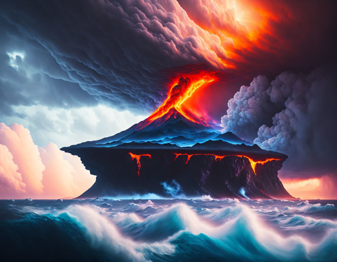 Digital Artwork: Erupting Volcano in Turbulent Sea & Dramatic Sky