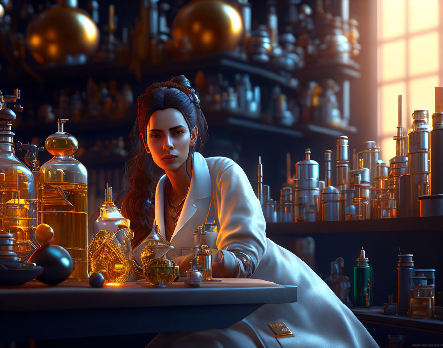 Scientist in lab coat at cluttered desk with glassware and vials