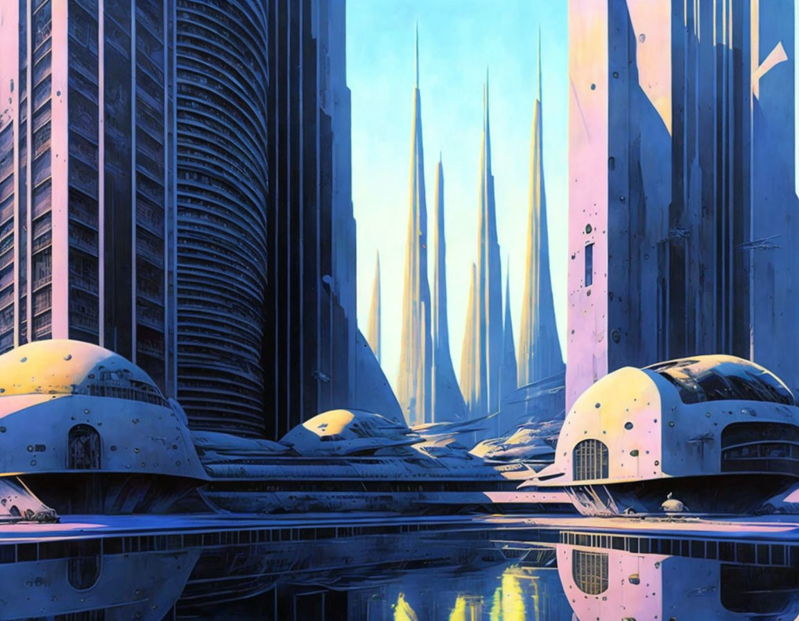 Futuristic cityscape with reflective surfaces and soaring spires