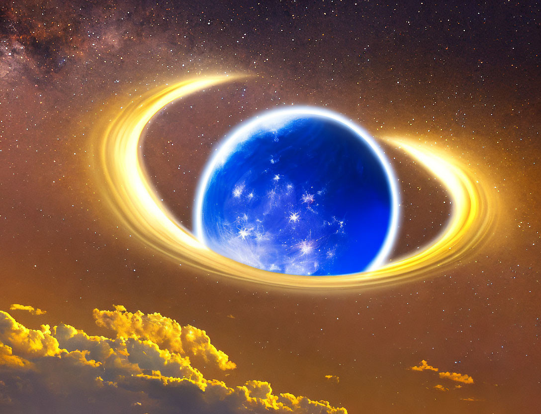 Artistic Rendering of Celestial Body with Luminous Rings in Starry Sky