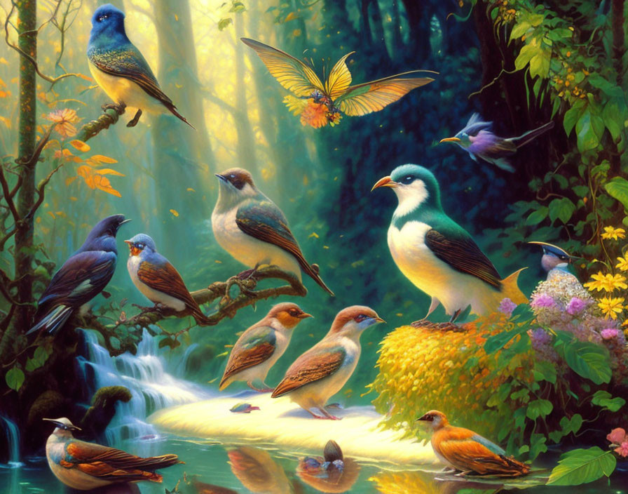 Vibrant bird and butterfly painting in sunlit forest