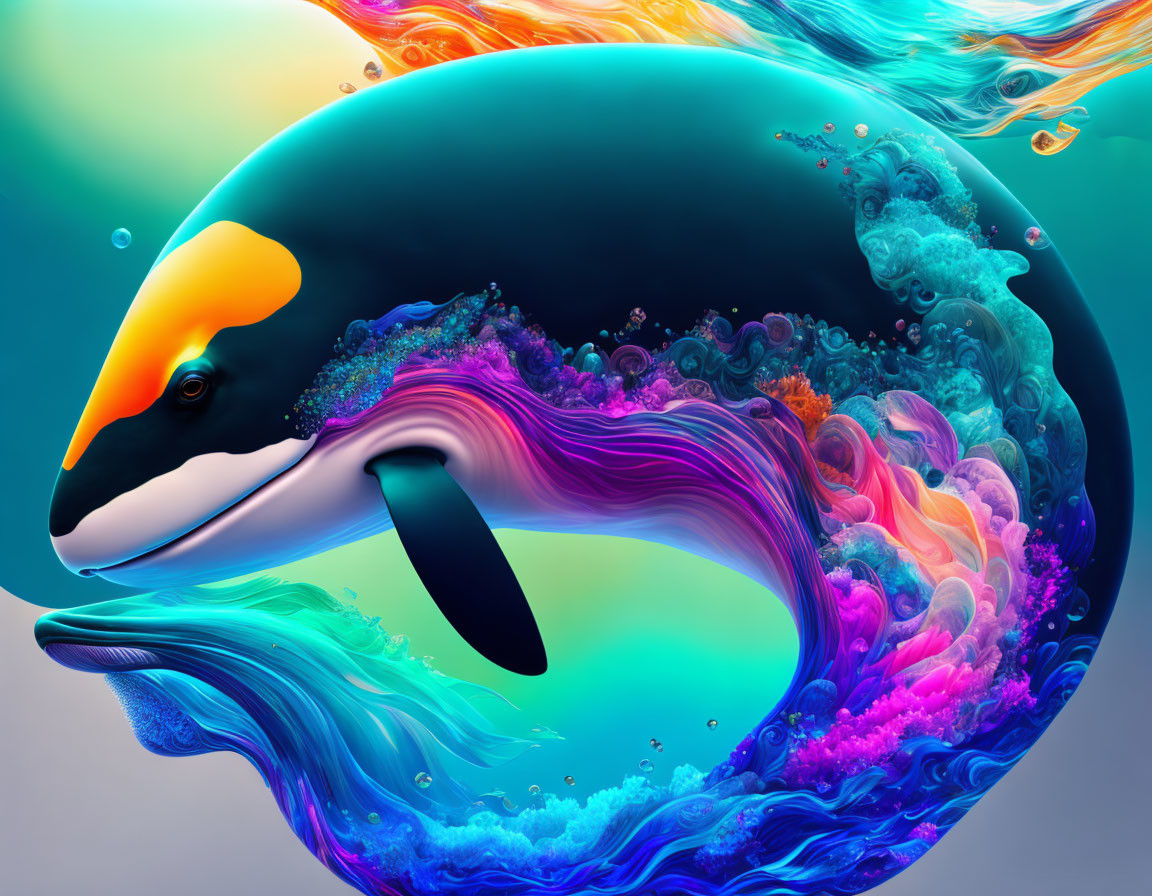 Colorful Orca Whale Artwork with Abstract Liquid Shapes on Turquoise Background