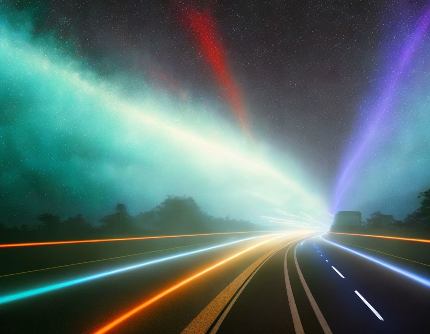 Vivid Night Sky with Aurora Lights Over Colorful Highway