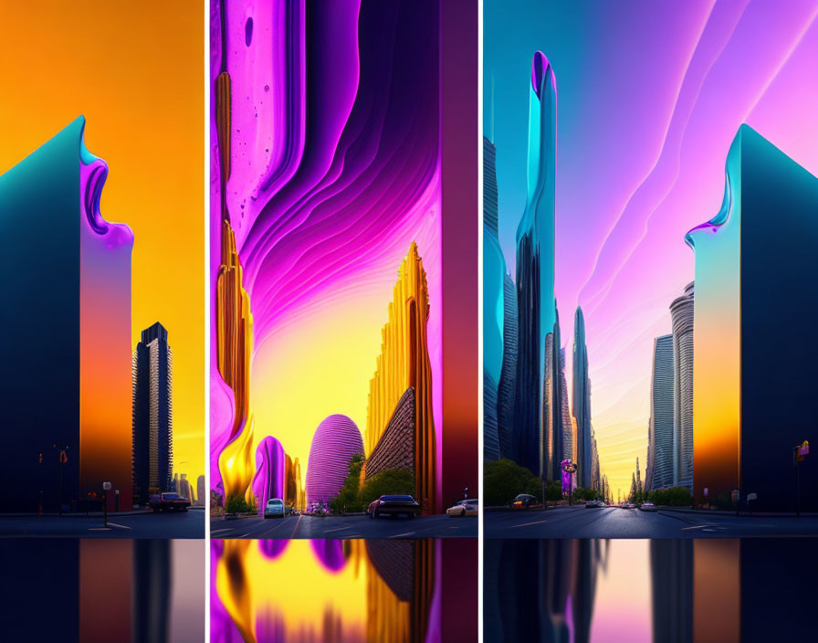 Vibrant surreal cityscape diptych at sunset