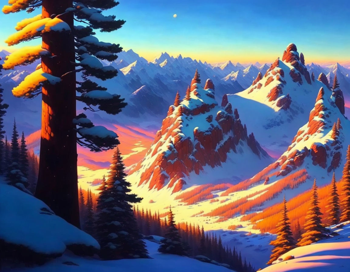 Digital artwork of snowy mountain landscape at sunset