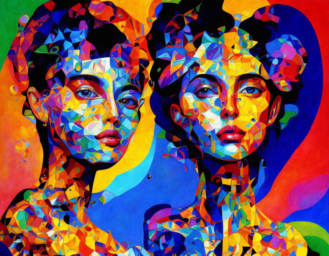 Colorful portrait of two figures with geometric patterns on abstract background