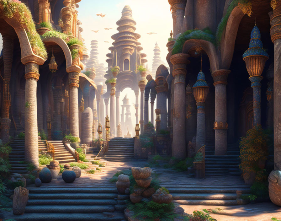 Ancient city with ornate towers, lush greenery, and glowing archway