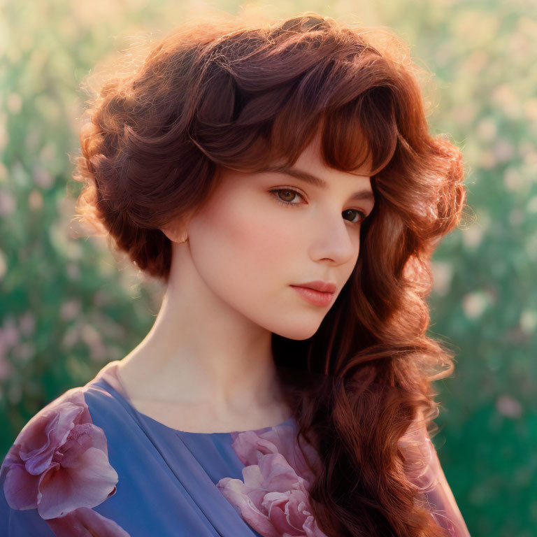 Curly Auburn-Haired Woman in Floral Dress Backlit by Sunlit Greenery