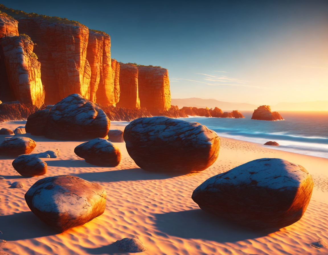 Scenic sunset over rugged coastline with cliffs and boulders