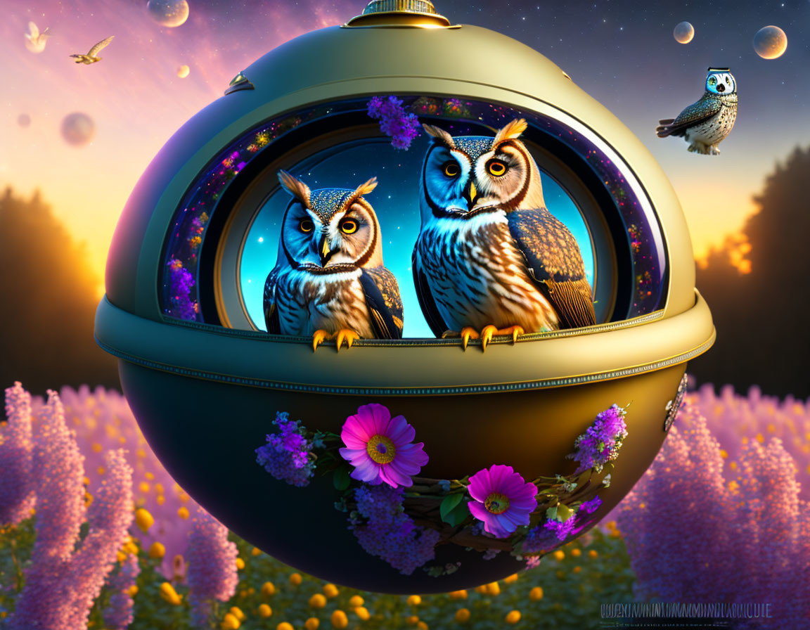 Digital artwork: Two owls on ornate sphere in purple flower field