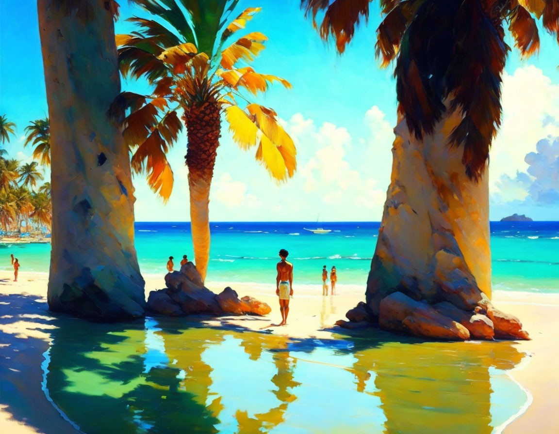 Tropical beach scene with people, palm trees, and clear blue sky