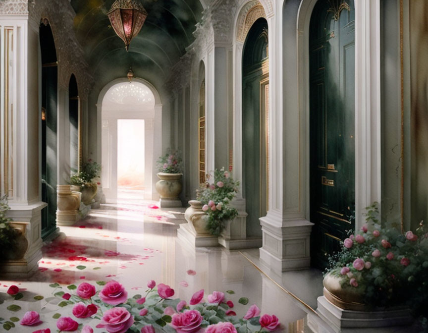 Luxurious hallway with marble floors, elegant columns, and pink rose petals under sunlight.