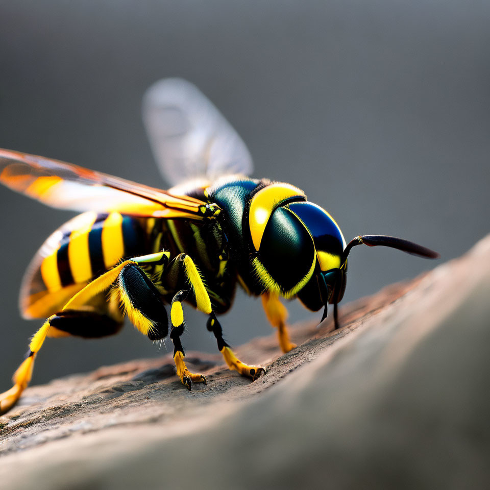 Vibrantly colored wasp with yellow and black patterns on curved surface