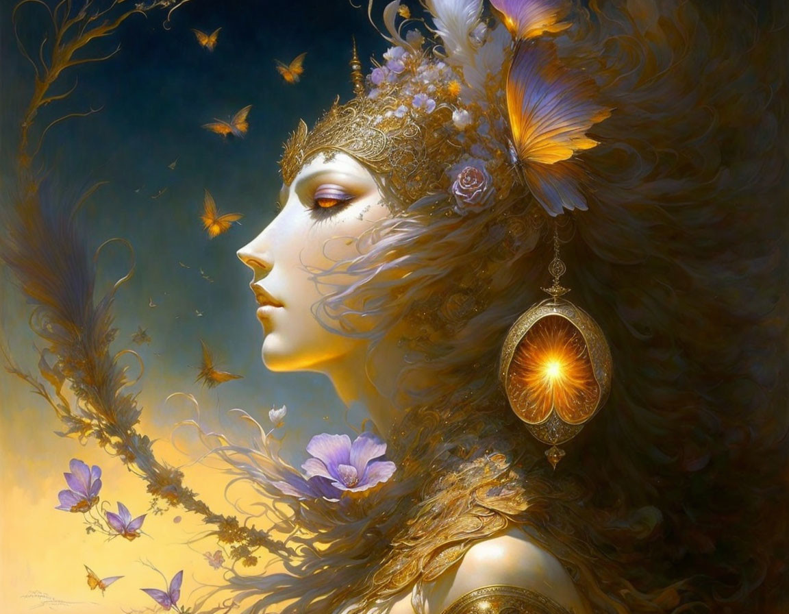 Ethereal woman with golden headpieces in magical setting