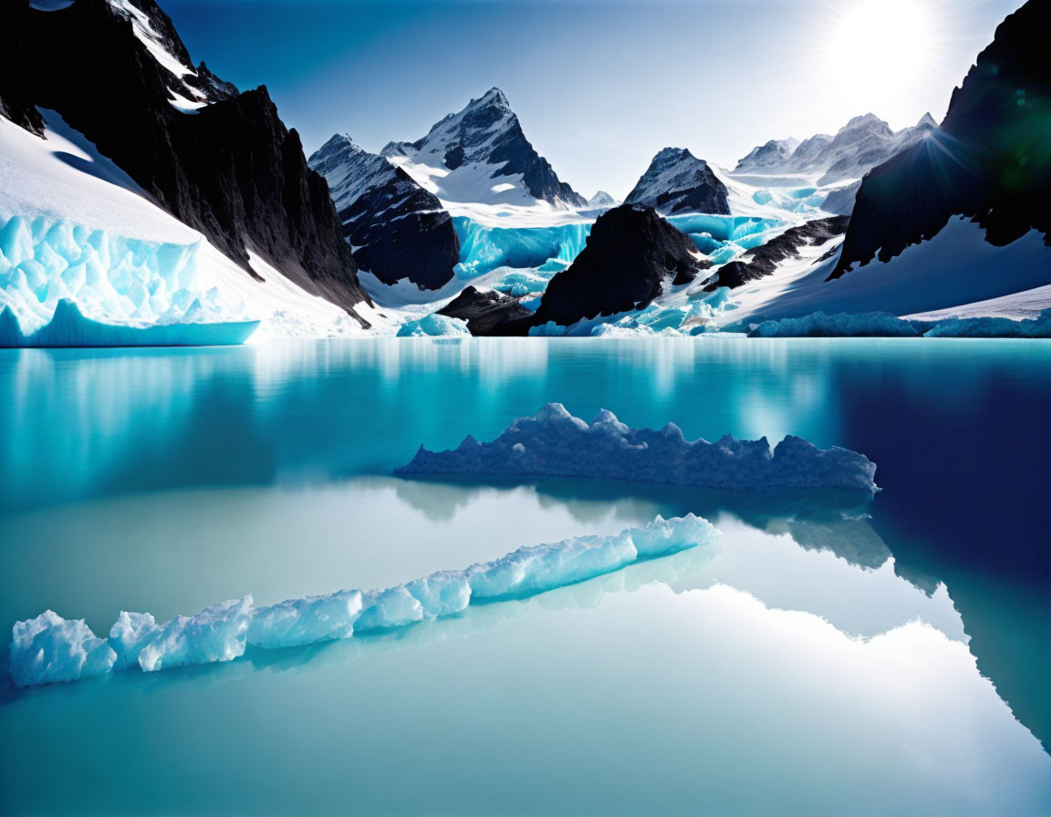 Blue glaciers and snow-covered mountains in a serene icy landscape