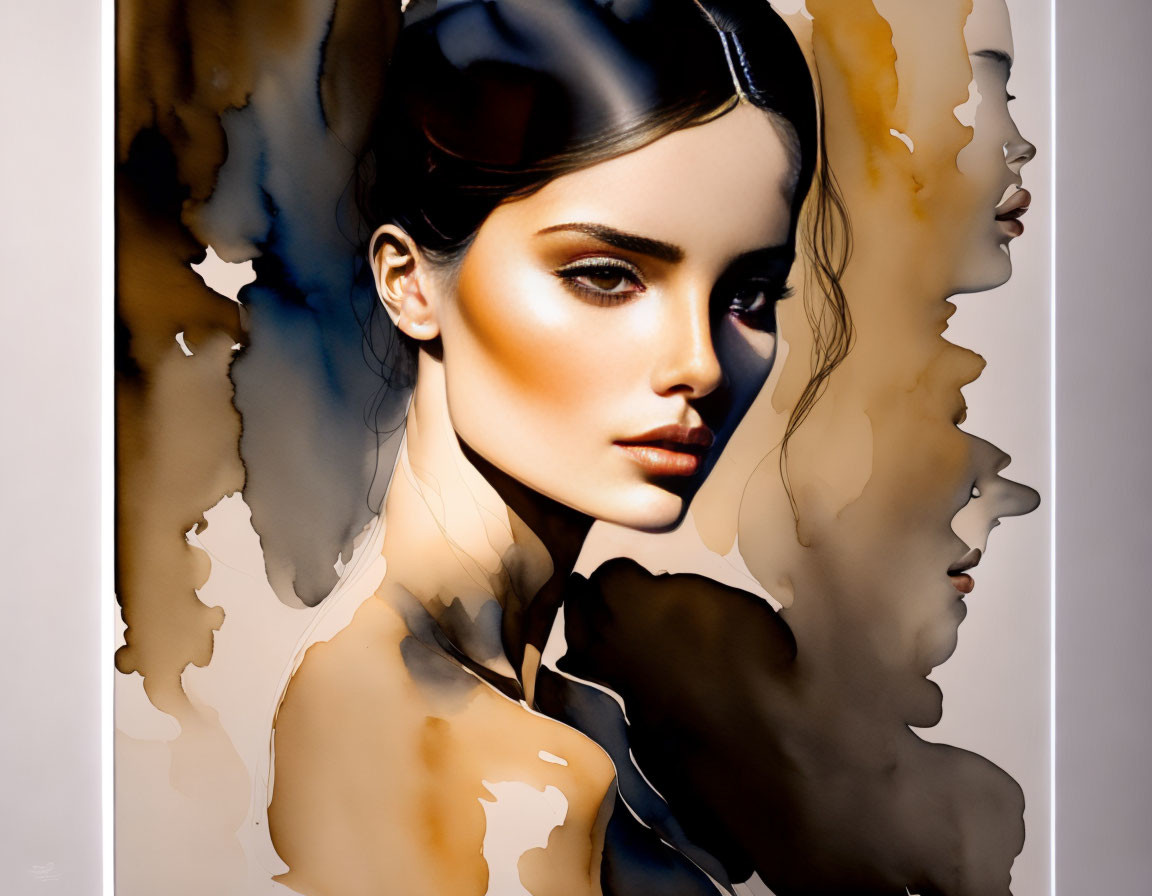 Detailed digital artwork of a woman with abstract brown and black watercolor hair.