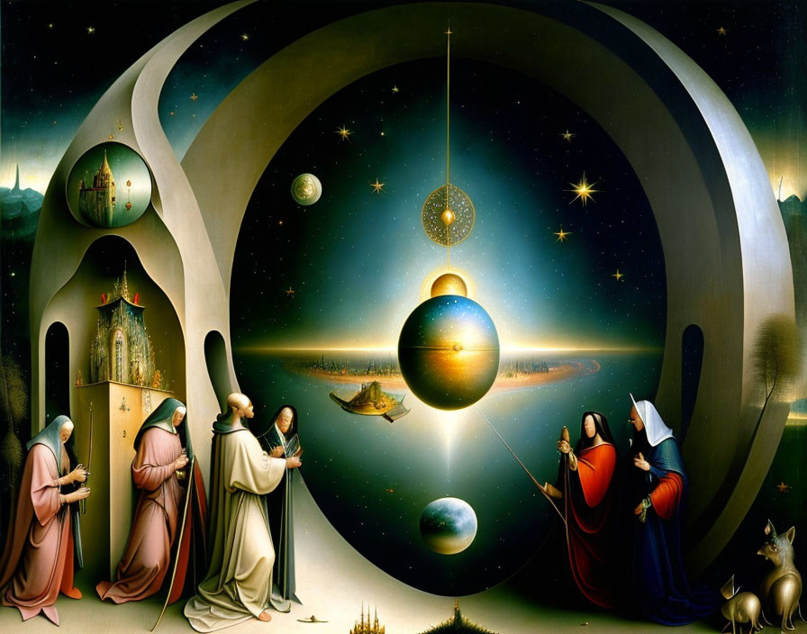 Surreal painting of robed figures in interlocking arches with celestial bodies and architectural elements