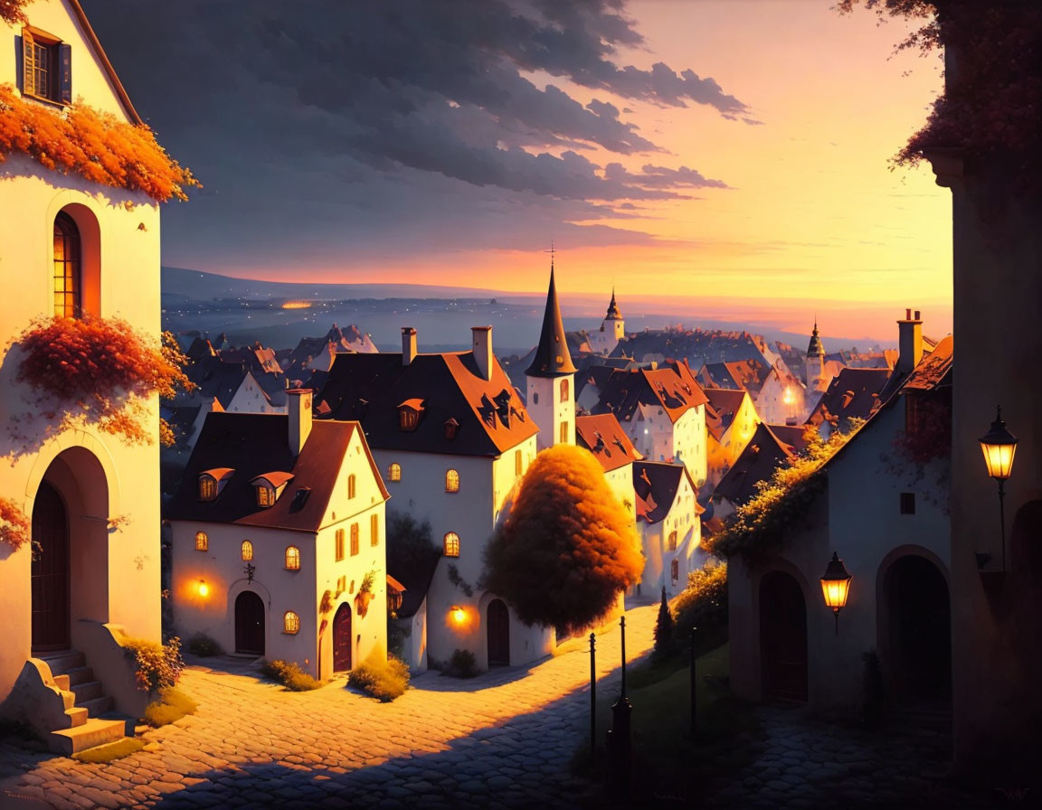 Charming town scene: cobblestone streets, lit houses, golden sunset.