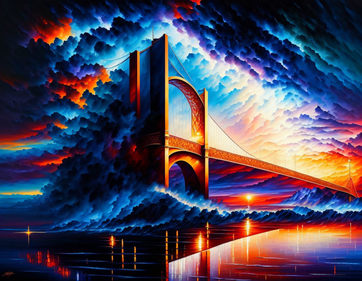 Colorful suspension bridge painting at sunset with vibrant clouds and water reflection