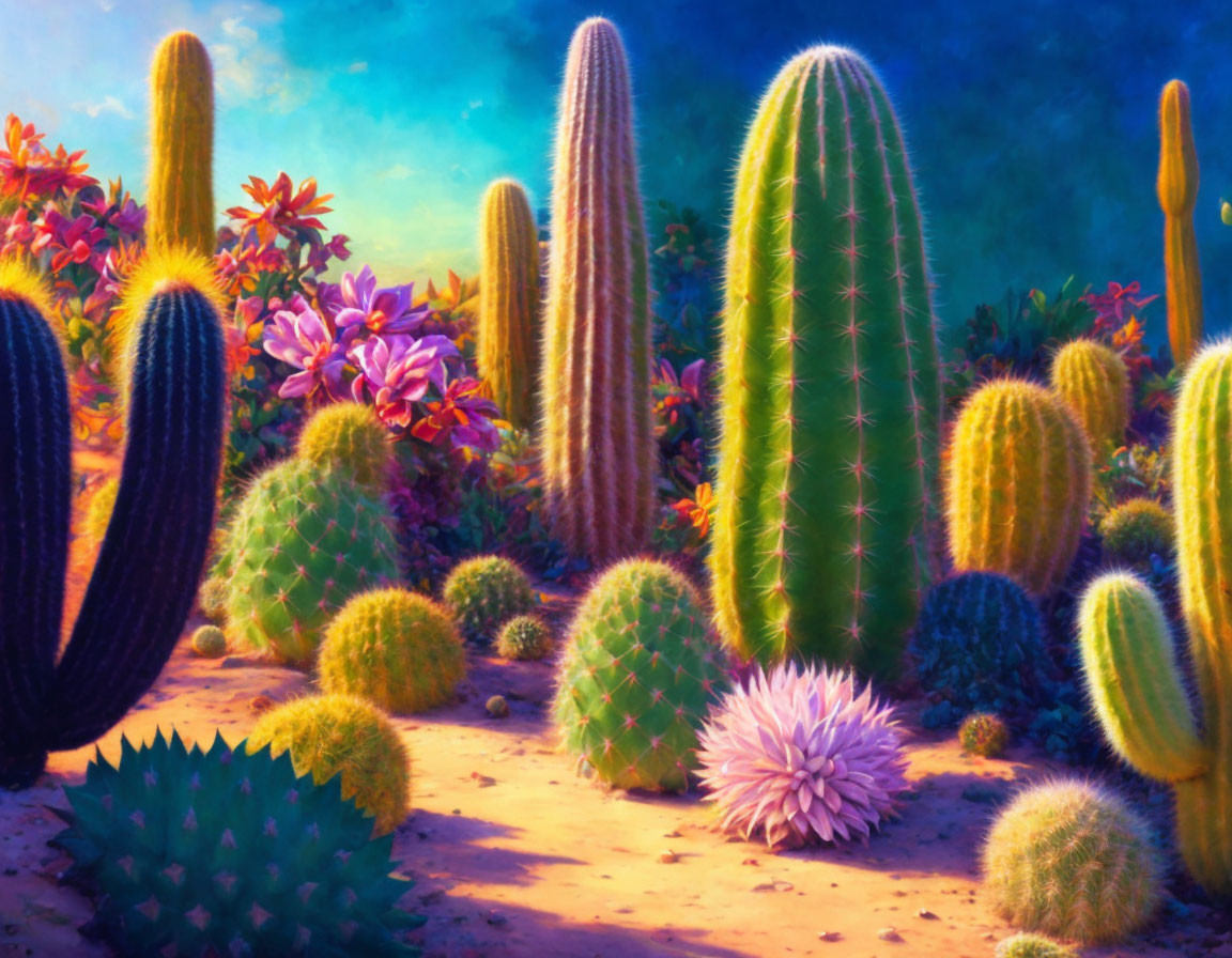 Colorful desert scene with glowing cacti and flowers