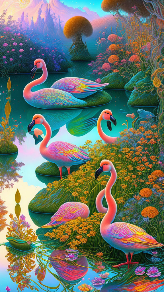 Colorful digital art: Pink flamingos in mystical forest with glowing plants