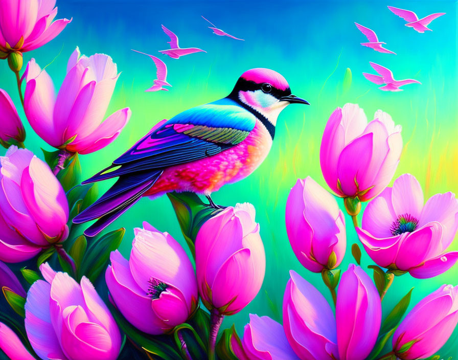 Colorful Bird Perched on Pink Flowers in Vibrant Illustration