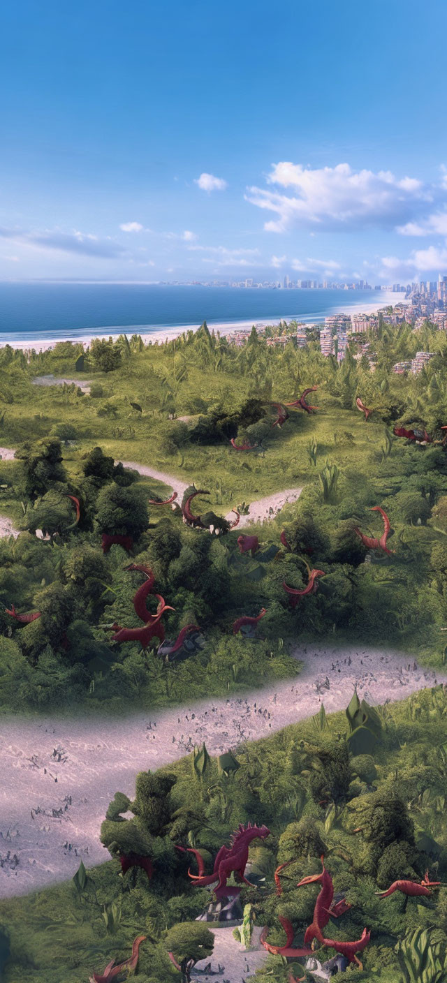 Vibrant green landscape with red dragons, people, beach, and city skyline under clear sky