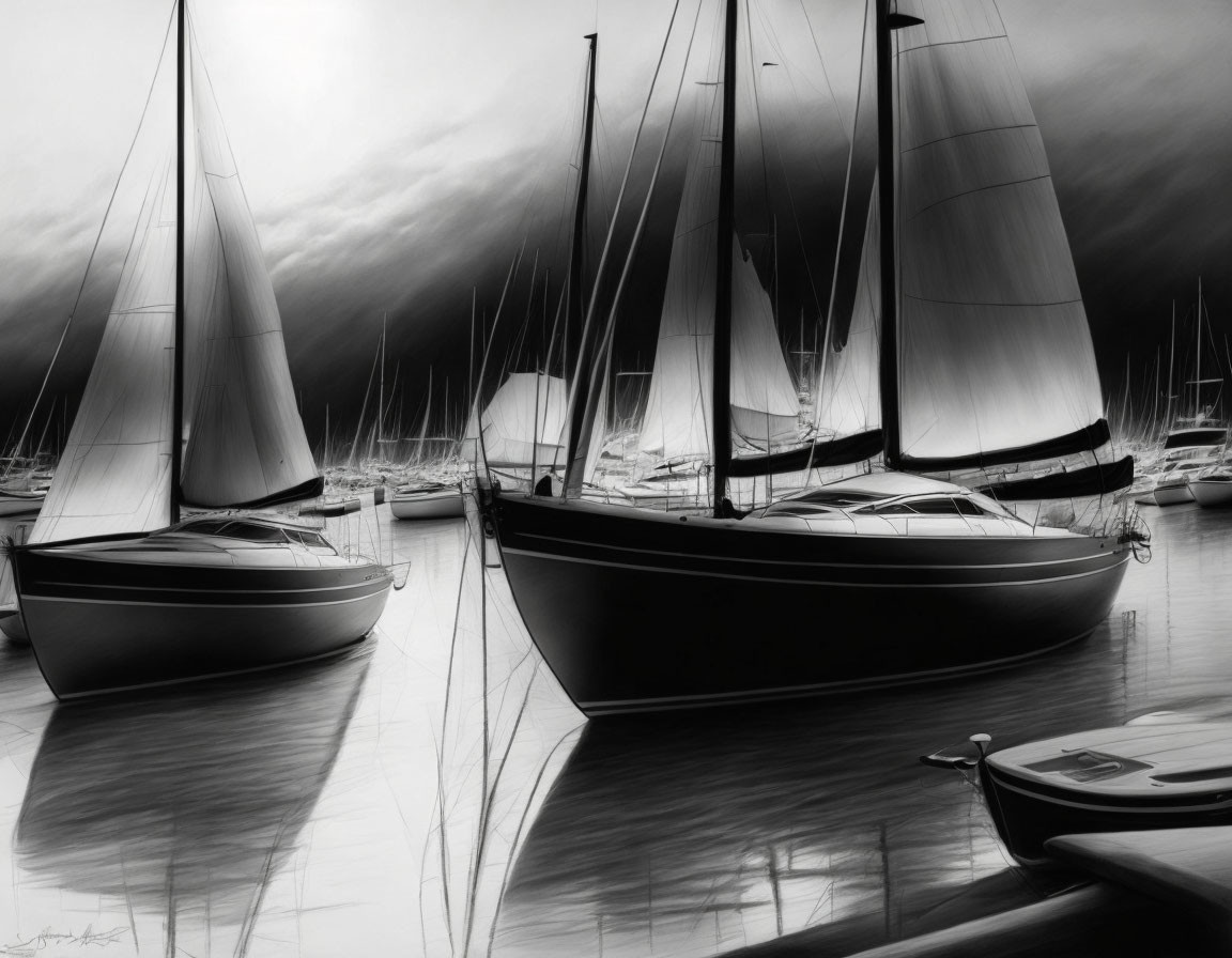 Monochromatic sailboats at calm marina under dark storm clouds