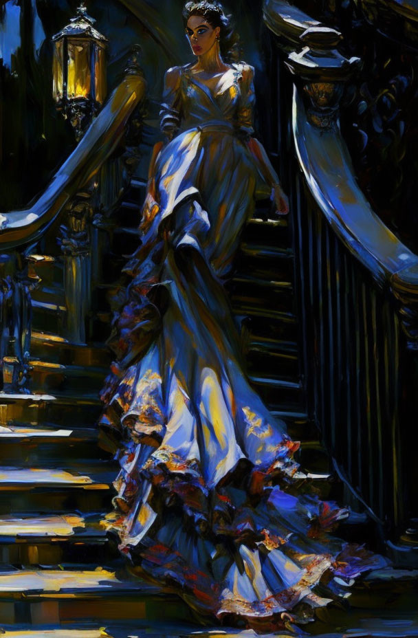 Elegant woman in blue gown descending staircase under lantern light