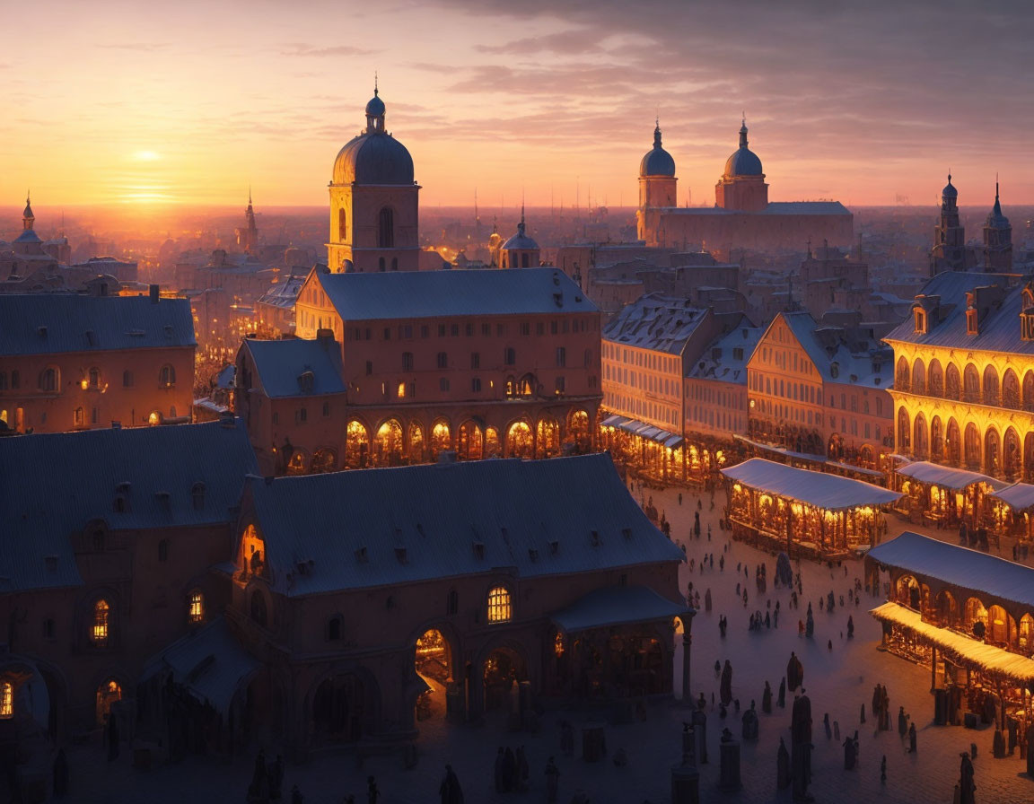 Historical city skyline at sunset with snow-dusted rooftops