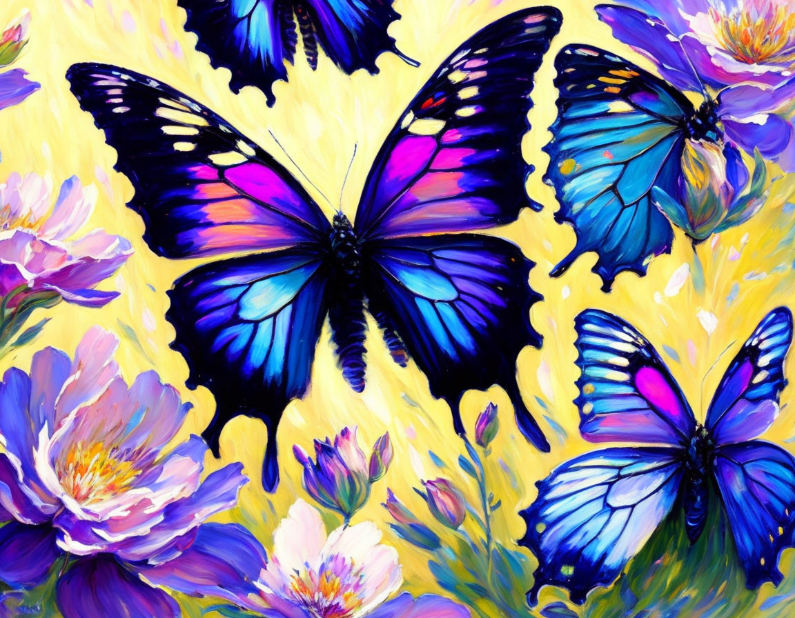 Colorful Butterfly Painting with Flowers on Yellow Background