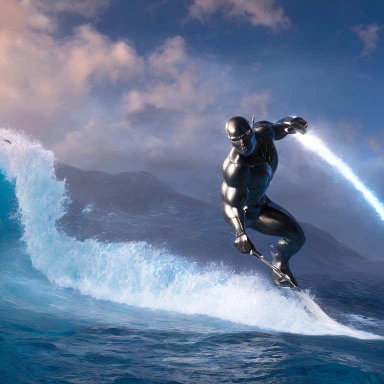 Metallic superhero surfing wave with energy jet, misty mountains & dramatic sky