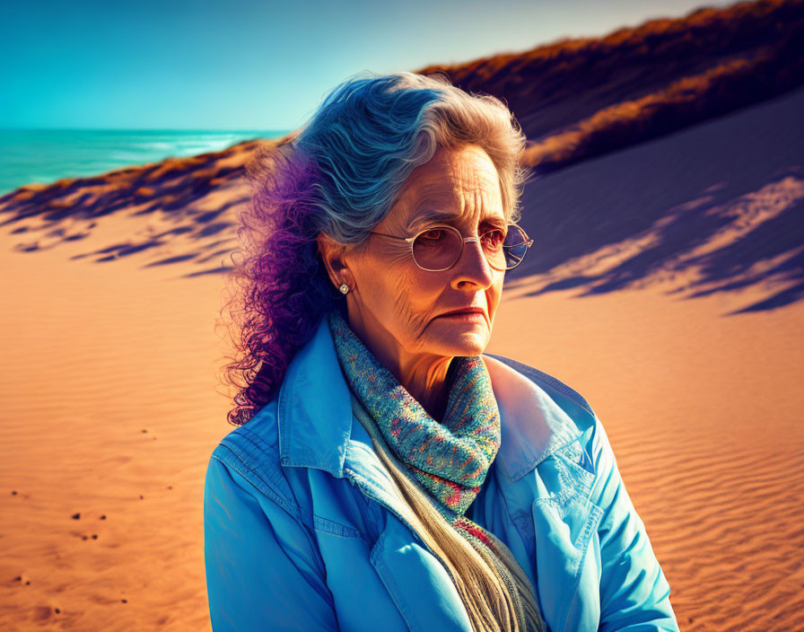 Elderly woman with gray hair and glasses in blue jacket and scarf by beach at sunset