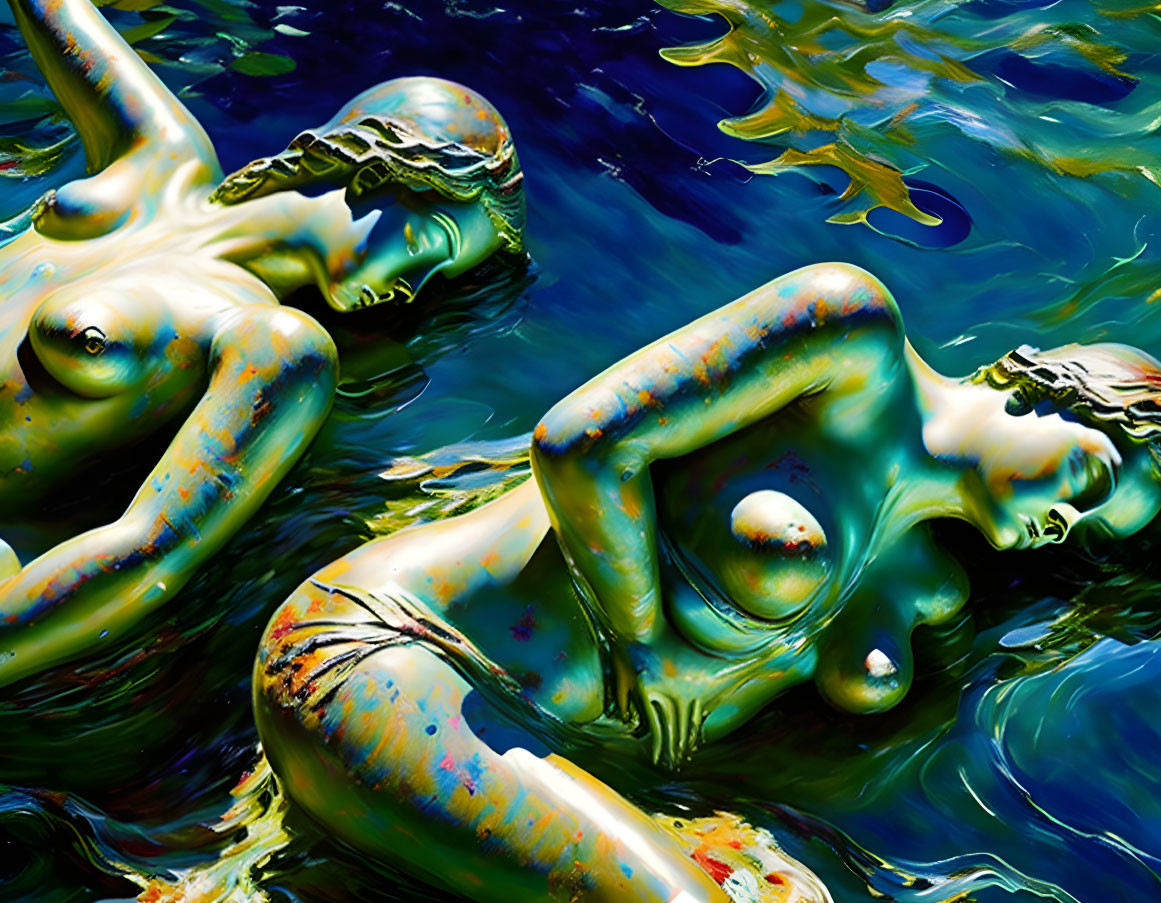 Surreal Artwork: Two Figures with Elongated Limbs in Blue and Green Patterns