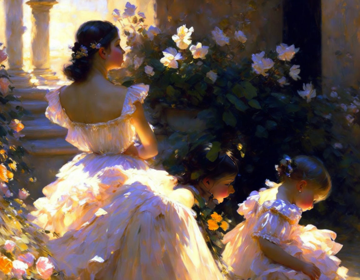 Vintage Dresses: Women Admiring Roses in Sunlit Garden