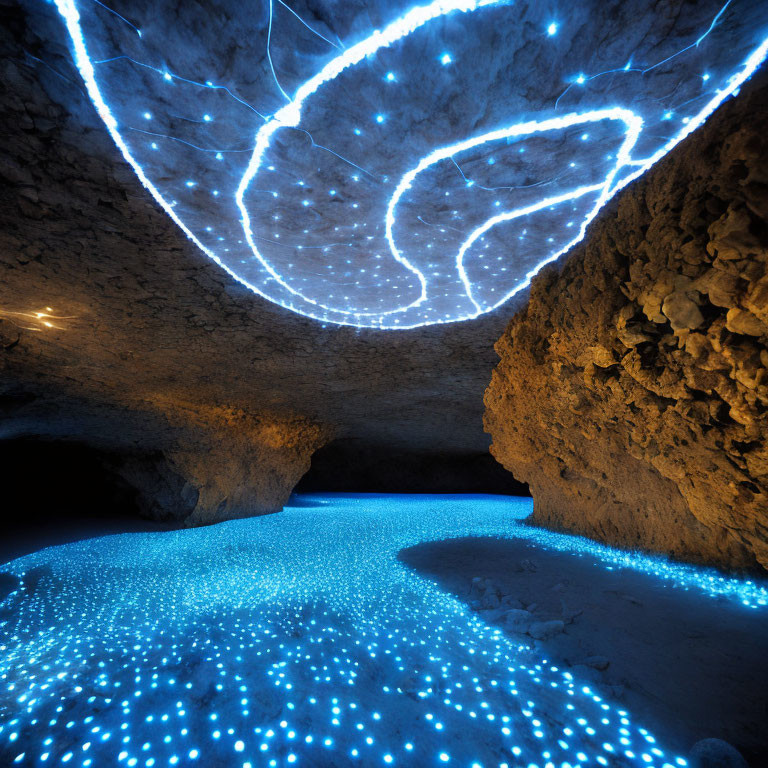 Blue Glowing Light Installation in Cave with Leaf-Like Pattern