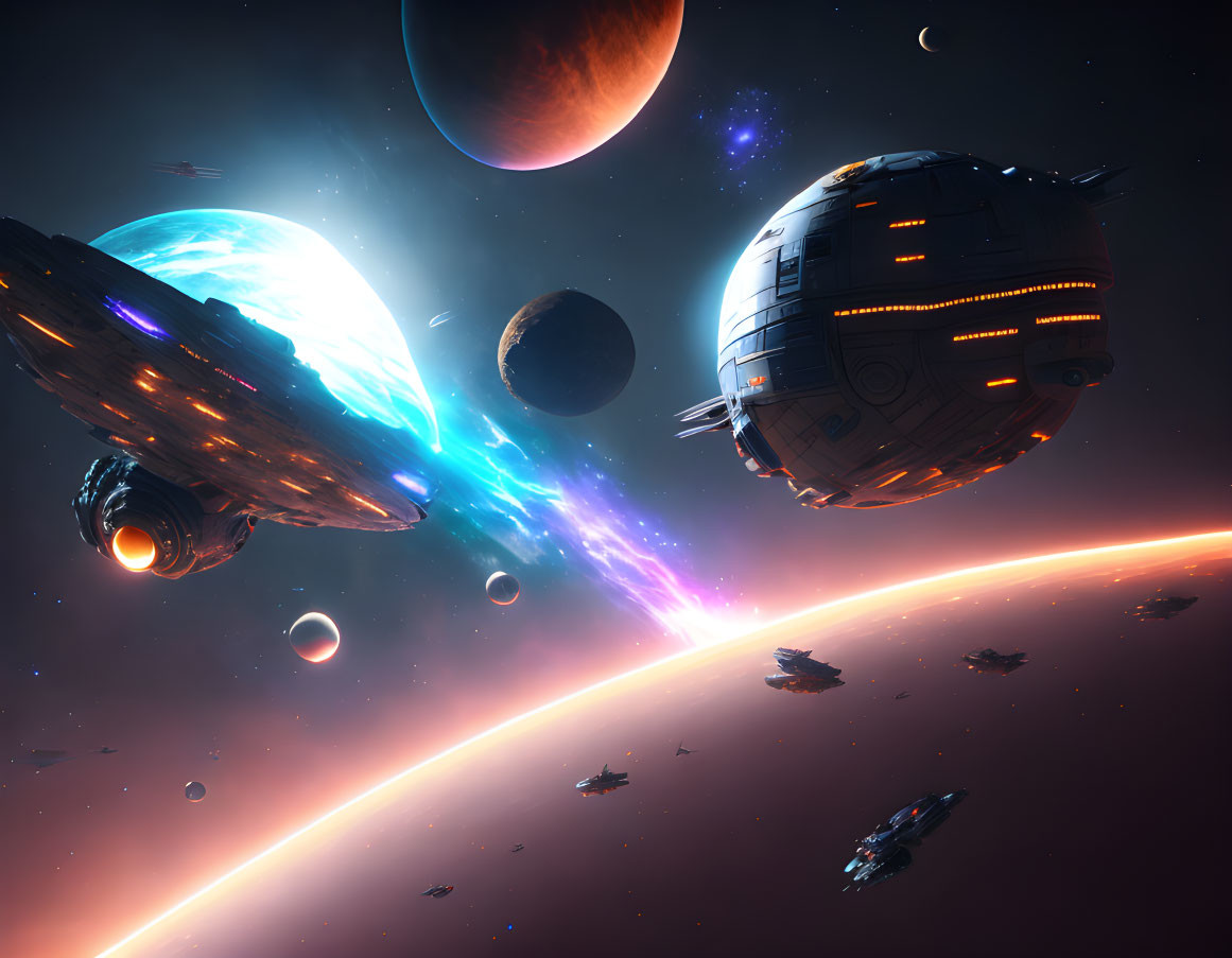 Colorful Sci-Fi Scene with Spaceships and Energy Beam in Starry Cosmos